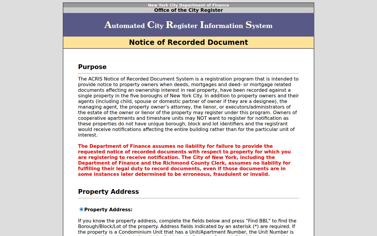 Queens previous residents ACRIS notice of recorded document registration form